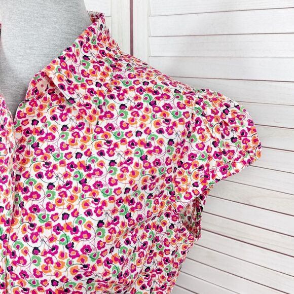 Lilly Pulitzer Floral Cap Sleeve Button Up Shirt White Pink 8 - Picture 6 of 12